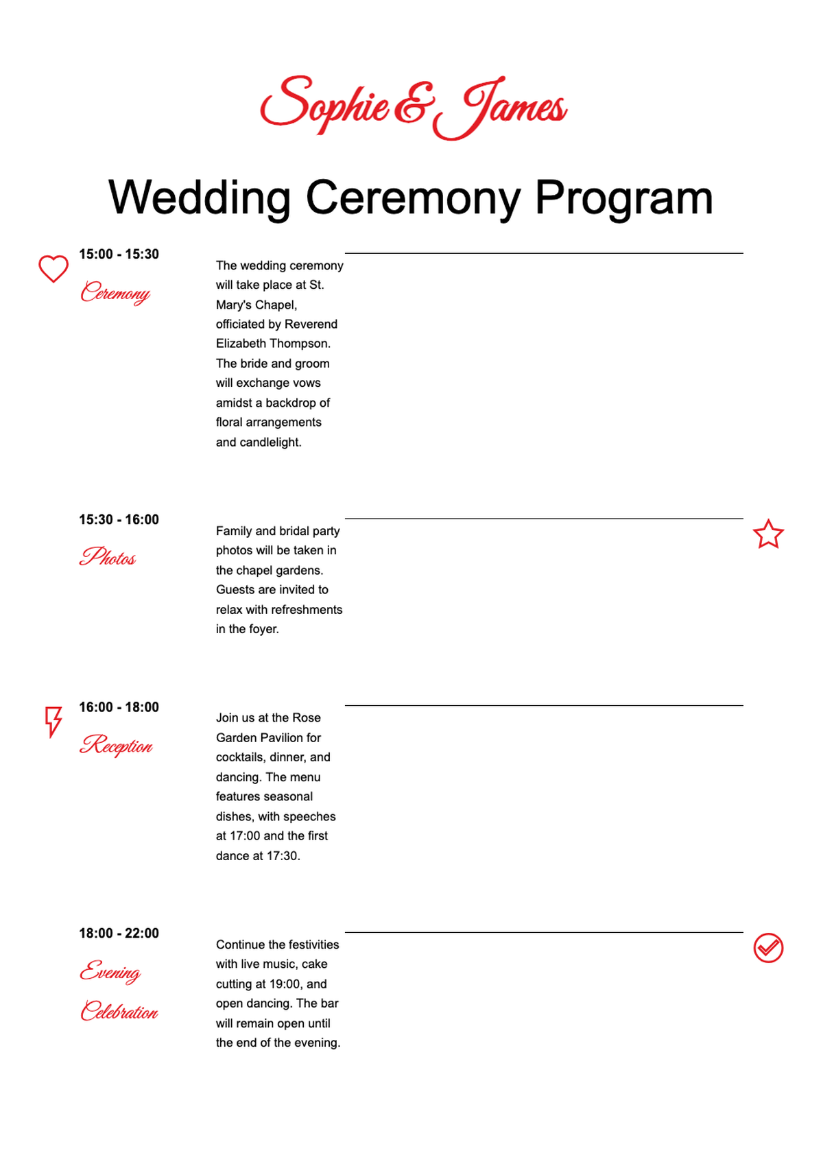 Sophie and James wedding program with red script and icons_variant_2